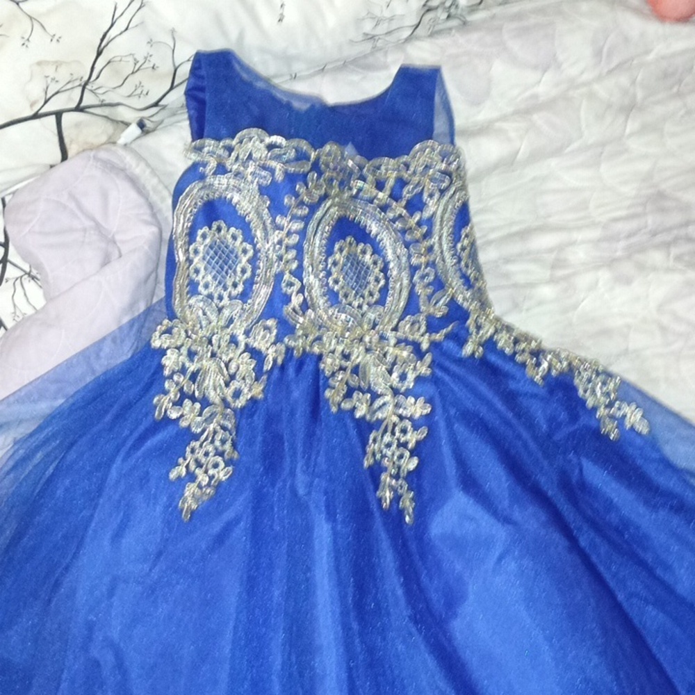 Girls Flower Girl Dress/blue and gold FORMAL DRESS